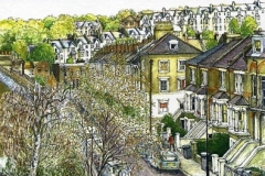 View down Woodland Hill (ink & watercolour)